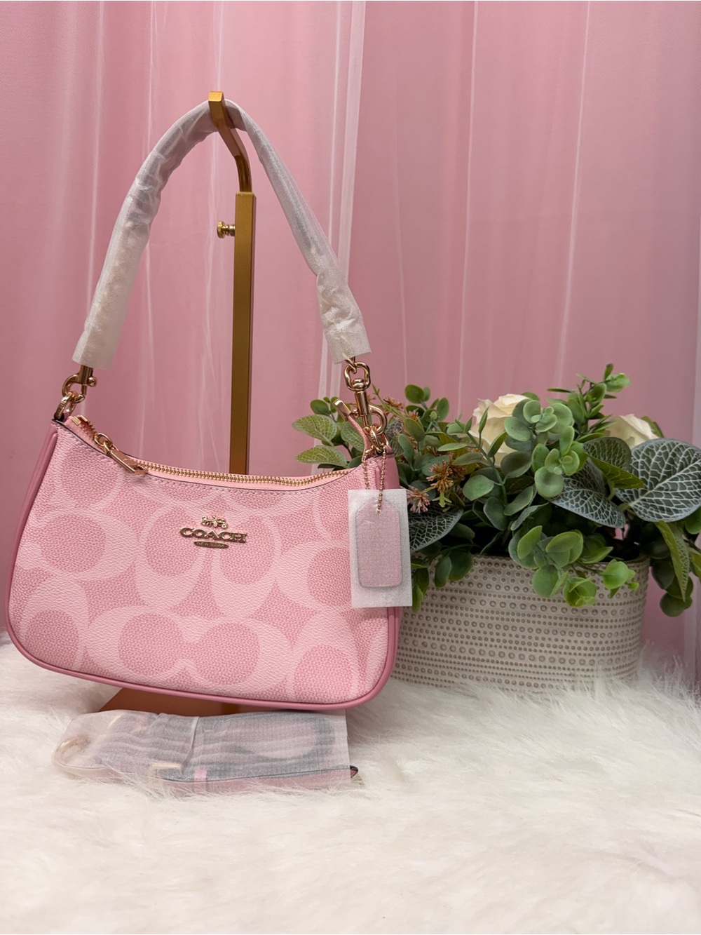 Coach Pink Signature Jacquard Shoulder Bag with Gold Hardware